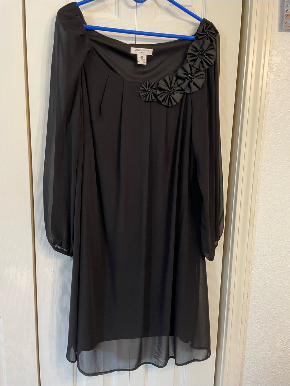 Liz Claiborne Black Long Sleeve Chiffon Dress with Rosette Accents